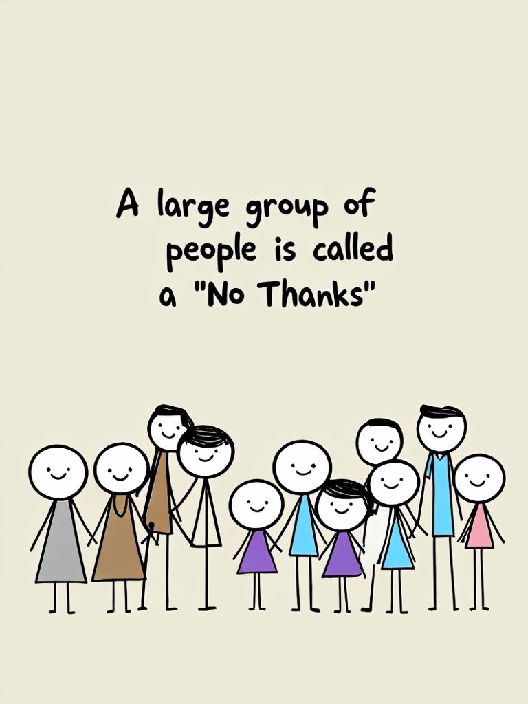 Humorous Stick Figures Group Illustration with "No Thanks" Quote Art