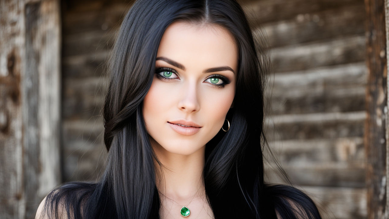 Black hair with green eyes