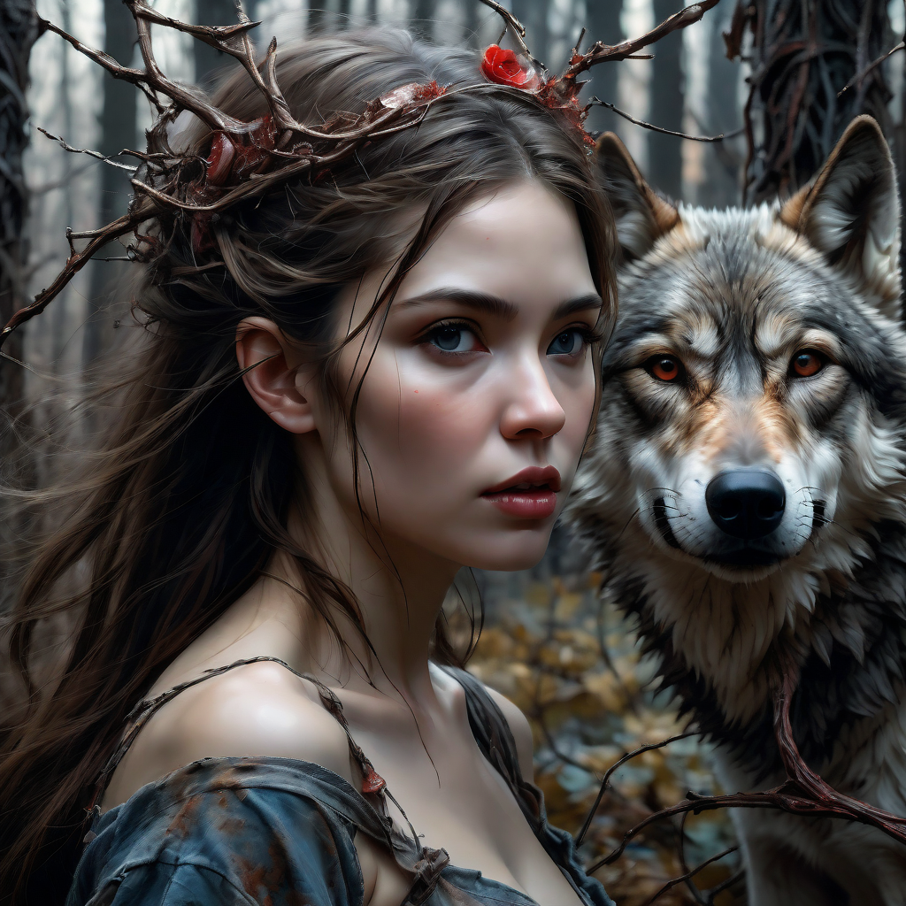 Beautiful woman and wolf walking in a forest of twisted fore... by ...