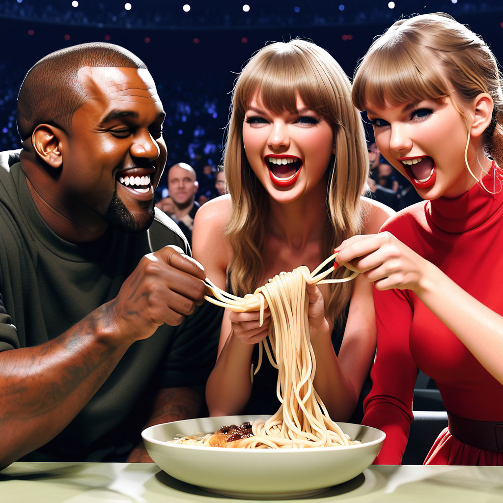 Taylor Swift and Kanye West smiling and sharing a noodle lik... by ...