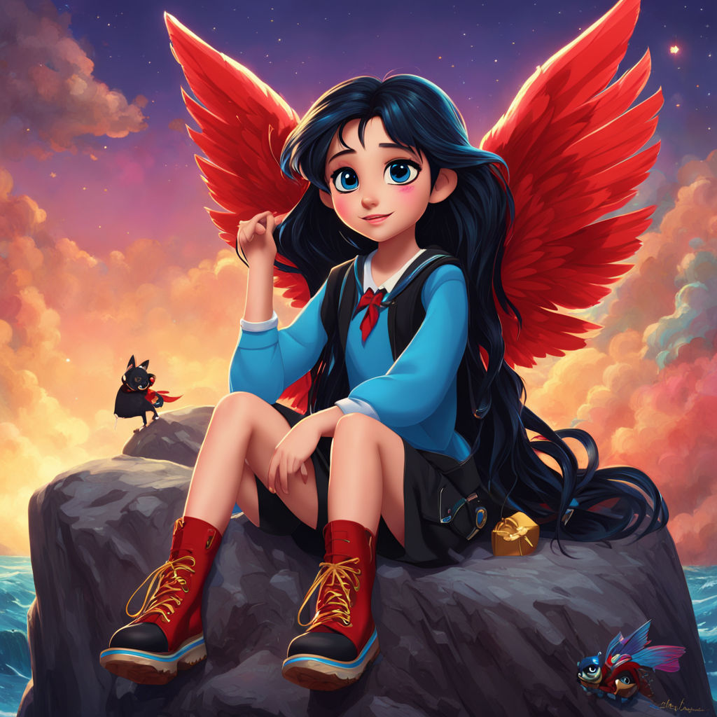 Concept Art of Chibi kawaii anime fallen angel girl with long black hair  and red eyes