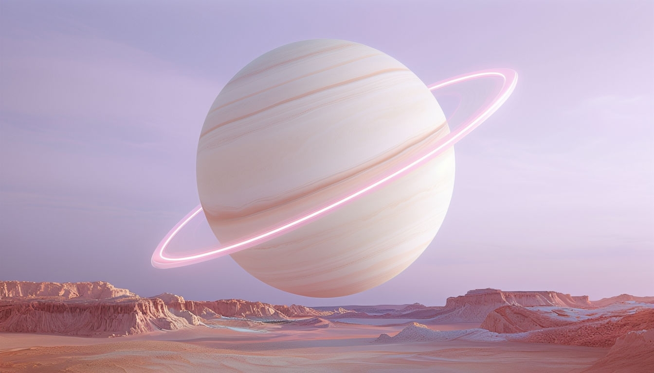 Surreal Celestial Planet Over Dreamy Desert Landscape Background