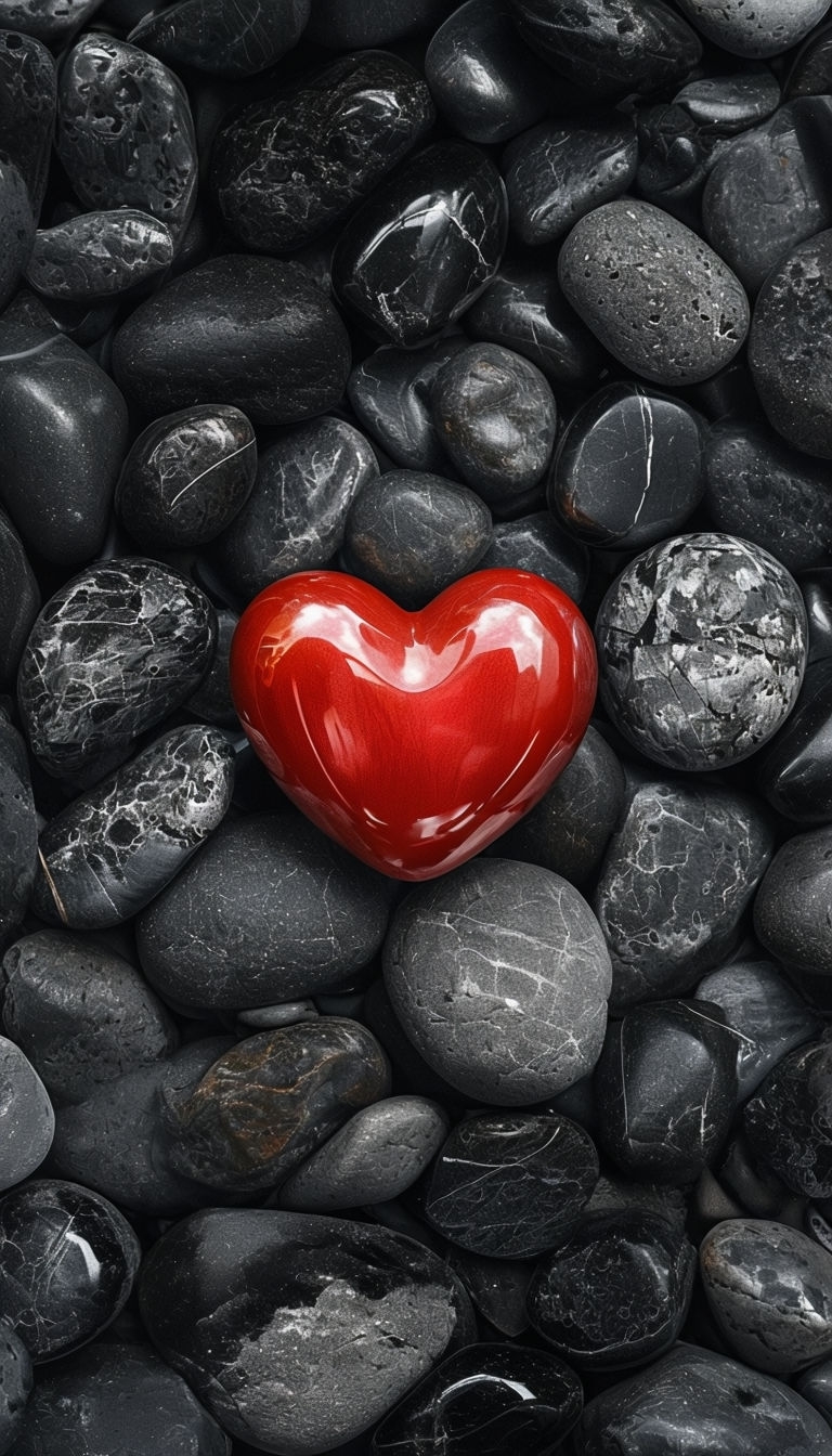 Vibrant Red Heart on Polished Black Stones Photo Wallpaper