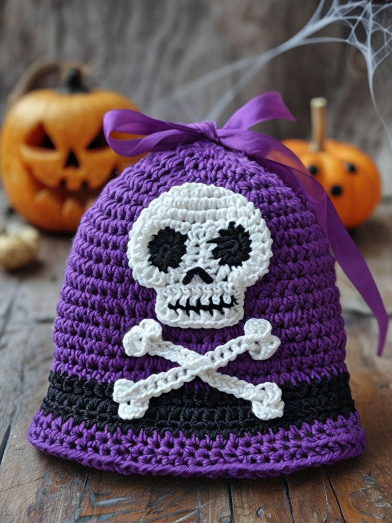 Vibrant Purple Crochet Hat with Skull and Crossbones Halloween Art