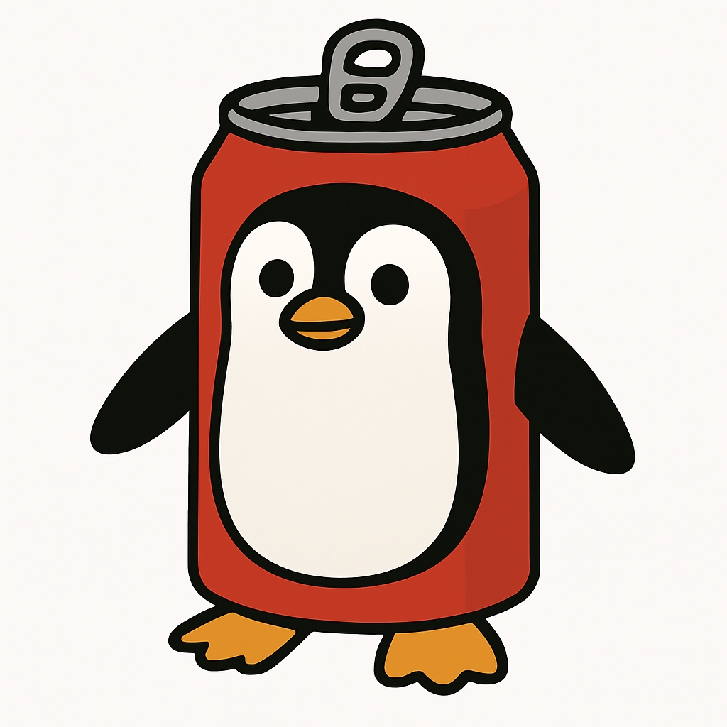 Cute Cartoon Penguin on Bright Red Soda Can Sticker