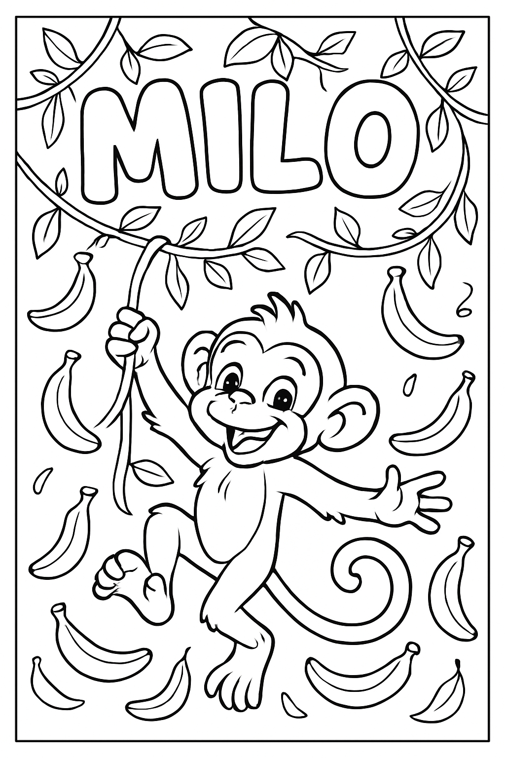 Playful Cartoon Monkey Milo Swinging with Bananas Coloring Book Page