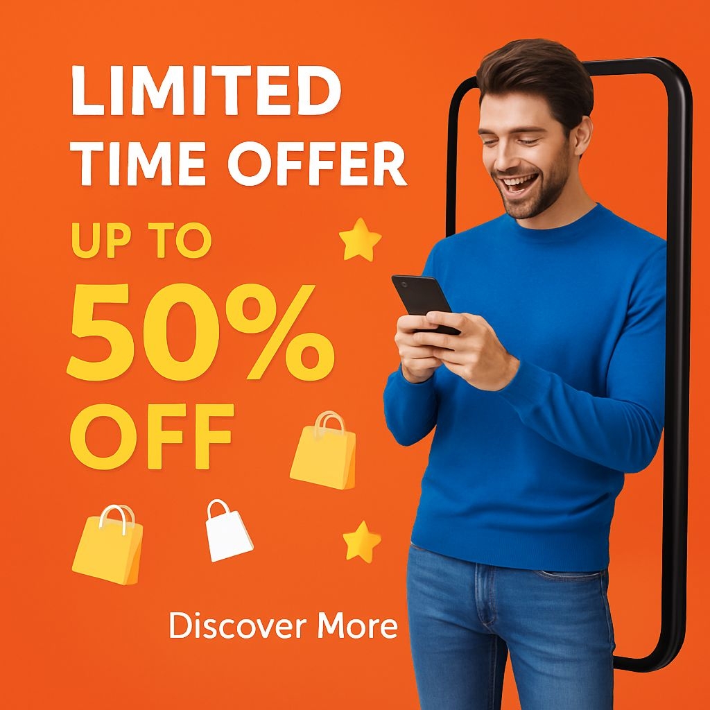 Vibrant Orange Gradient Promotional Ad with Male Model and Discounts Ads