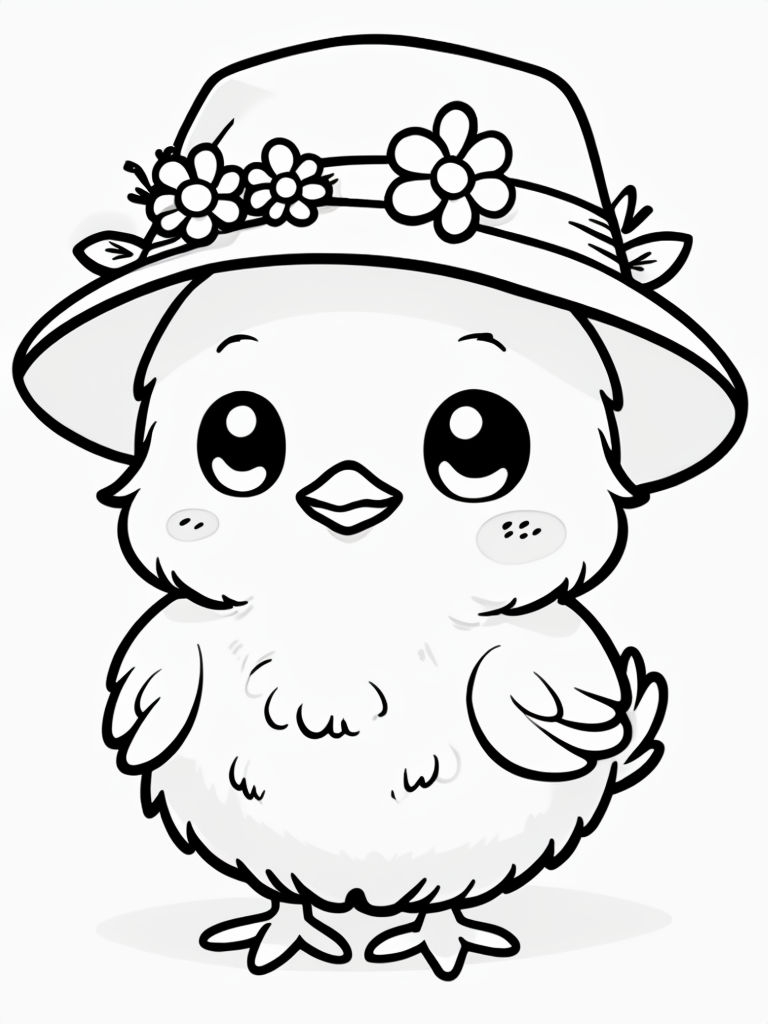 Cute Chibi Cartoon Chick with Floral Hat Coloring Book Page