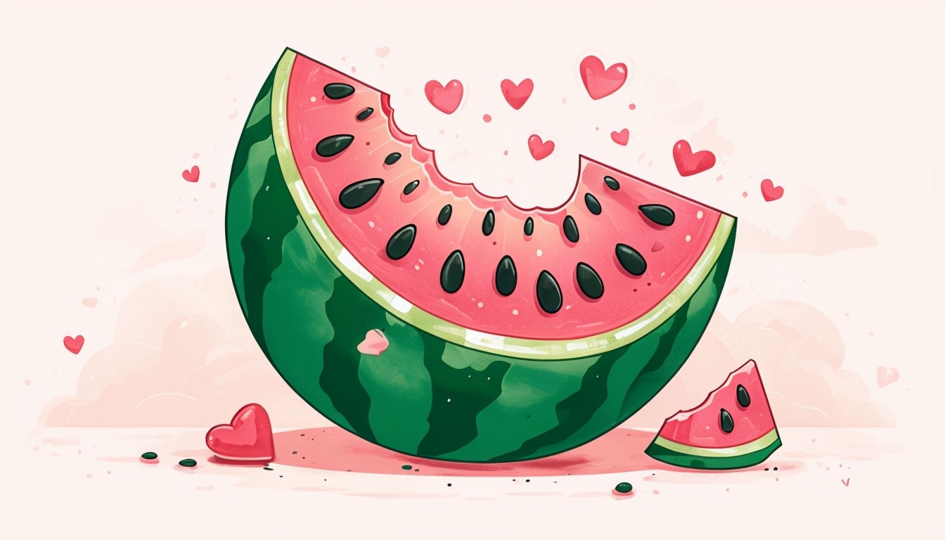 Whimsical Watermelon Slice with Hearts Cartoon Illustration Virtual Backgrounds