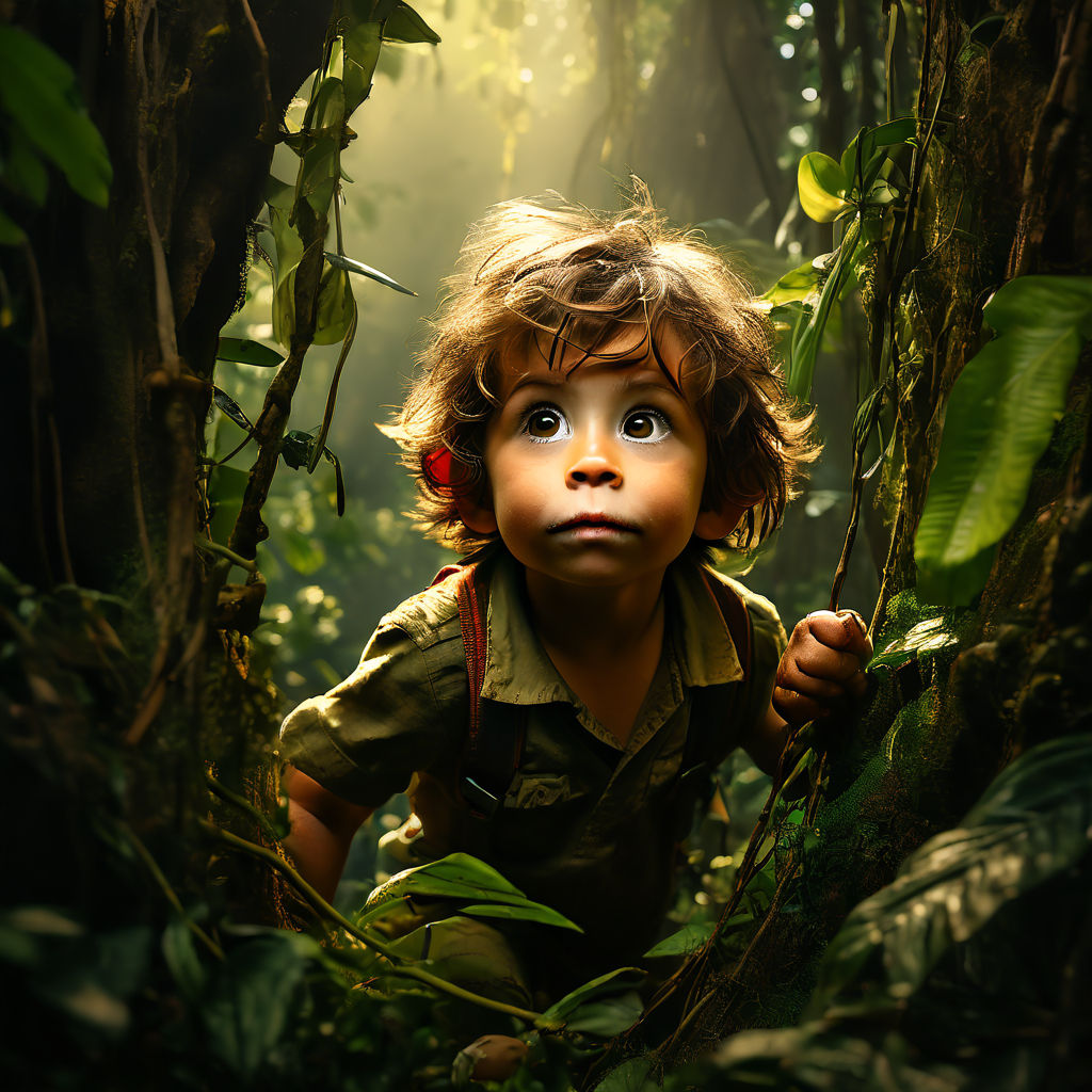 Little Boy going trough The Jungle. A monkey is hanging on by