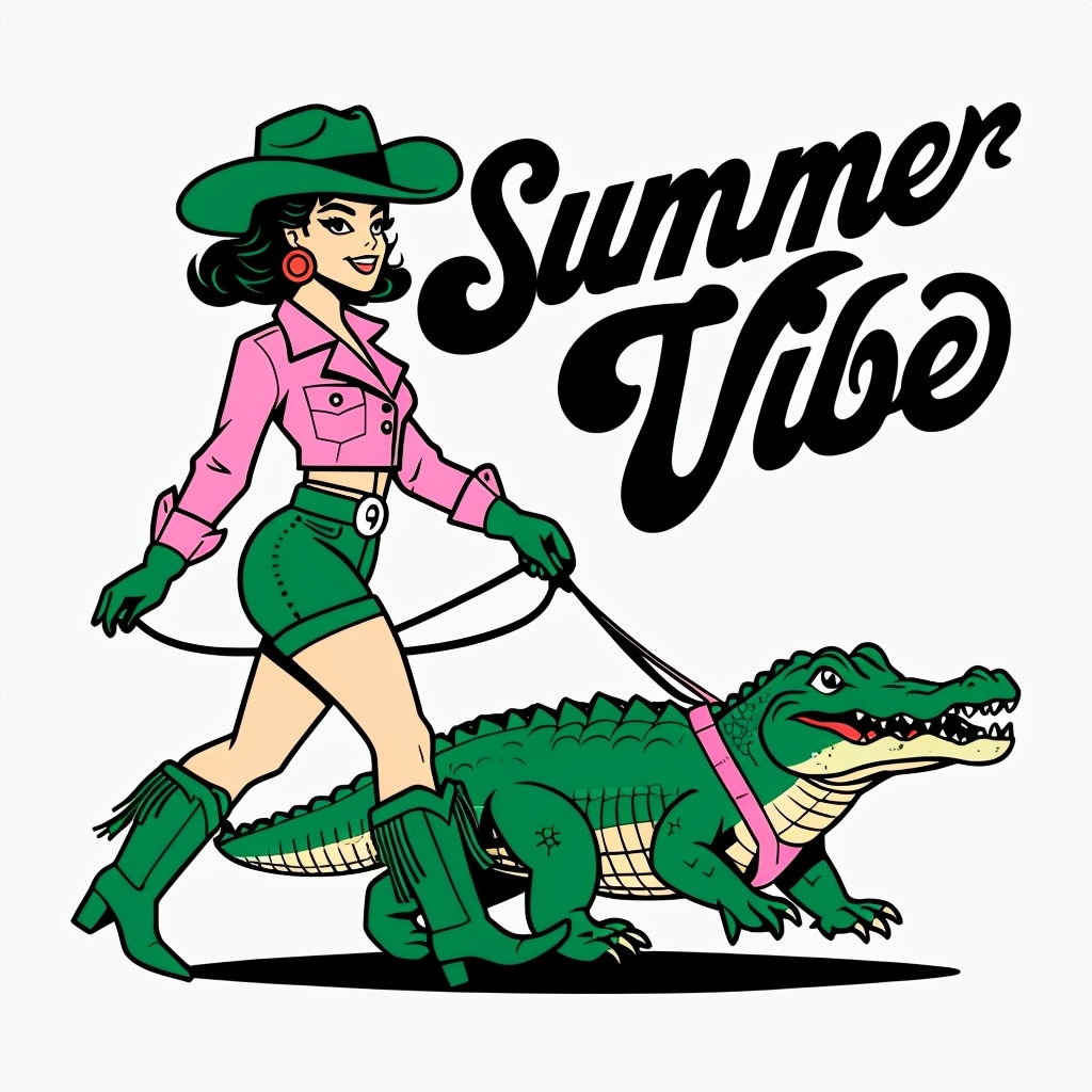 Adventurous Cowgirl and Alligator Summer Vibe T-Shirt