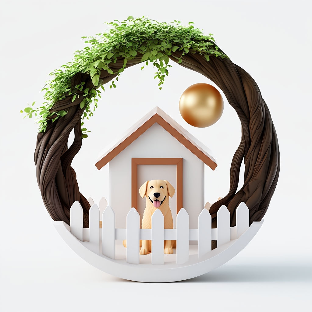 Cozy Whimsical House with Golden Retriever and Nature Elements Art