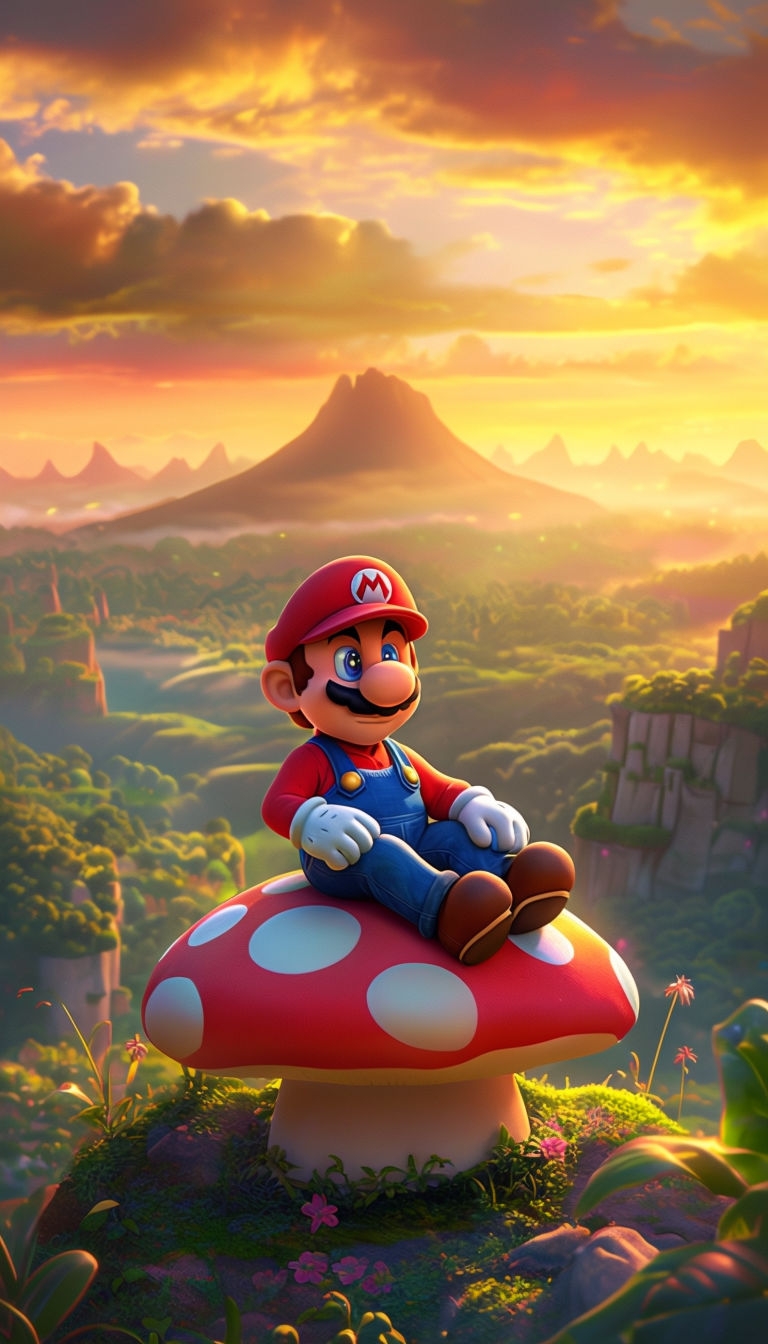 Peaceful Mario on Mushroom at Sunset Digital Art Poster