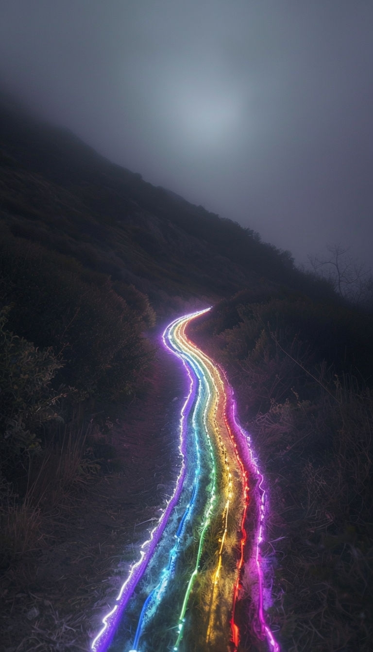 Mystical Rainbow Pathway Through Dark Landscape at Night Mobile Wallpaper