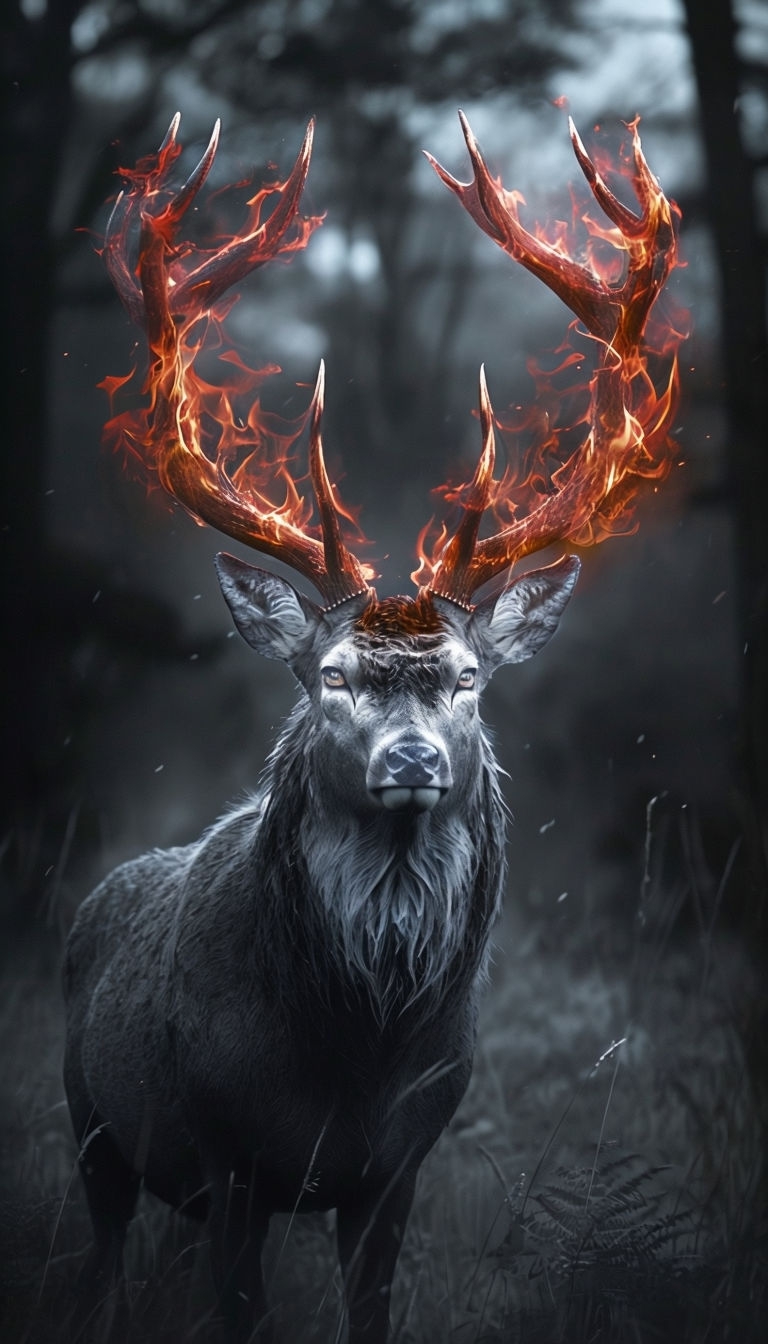 Mystical Stag with Fiery Antlers in Dark Forest Mobile Wallpaper