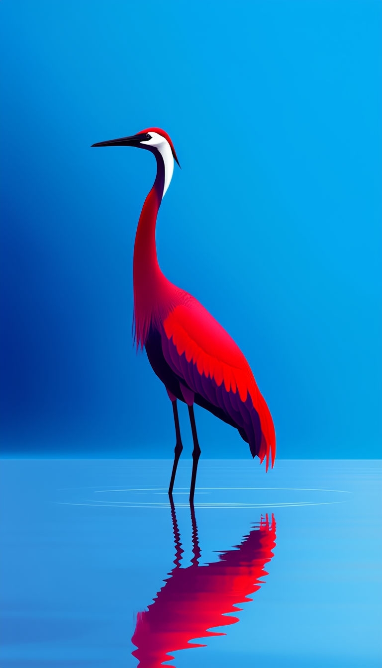 Vibrant Red Crane in Serene Water Reflection Mobile Wallpaper