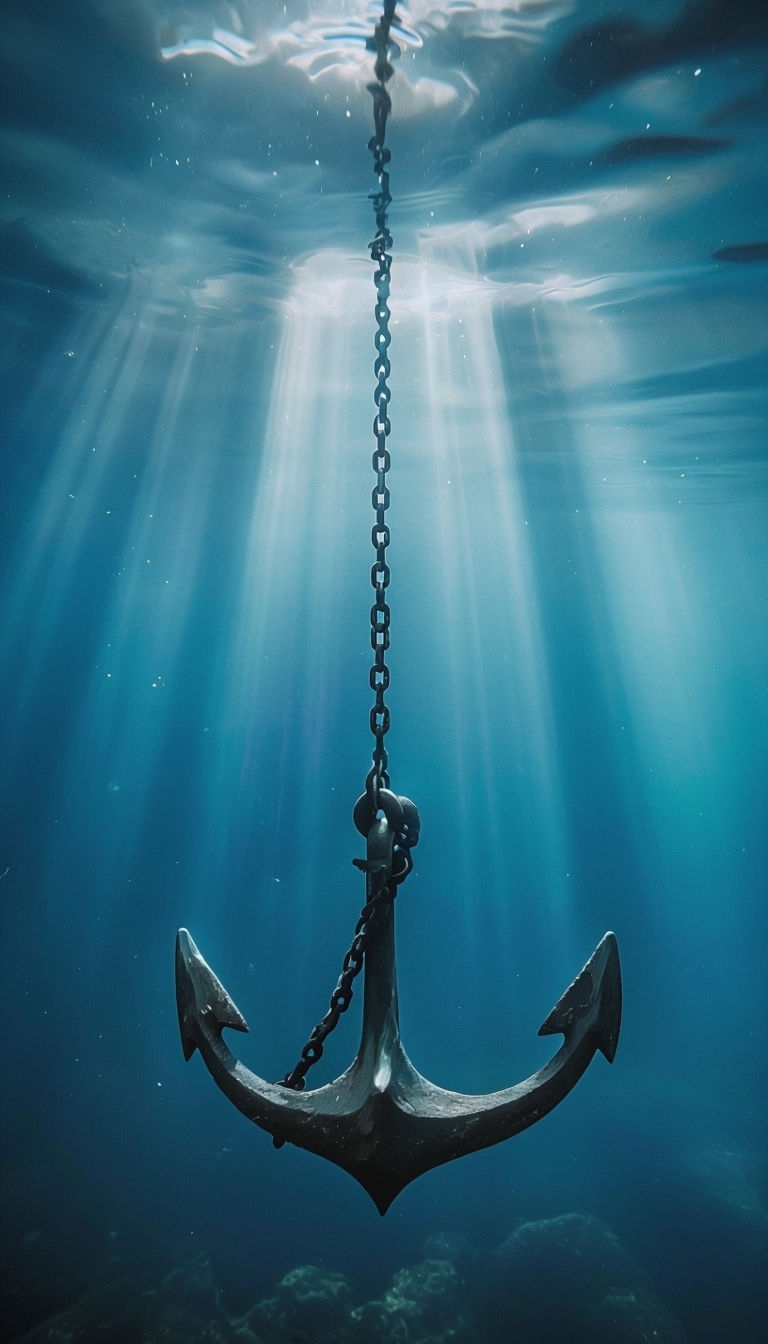 Serene Underwater Metallic Anchor with Light Rays Mobile Wallpaper