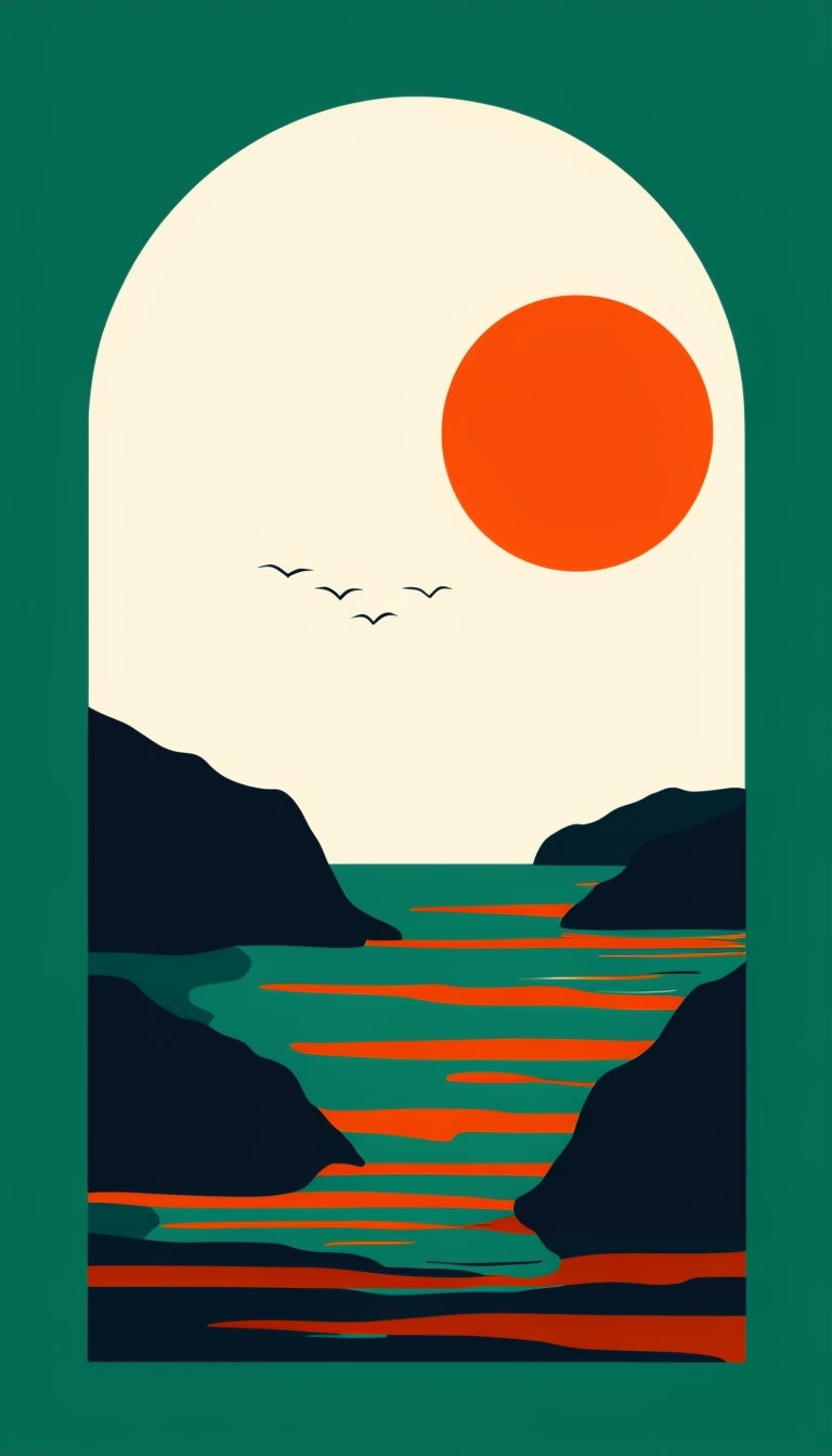 Serene Coastal Landscape Minimalist Illustration Mobile Wallpaper