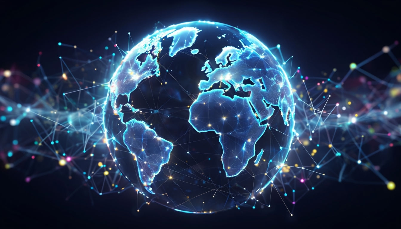 Stylized Electric Blue Globe with Global Connectivity Background