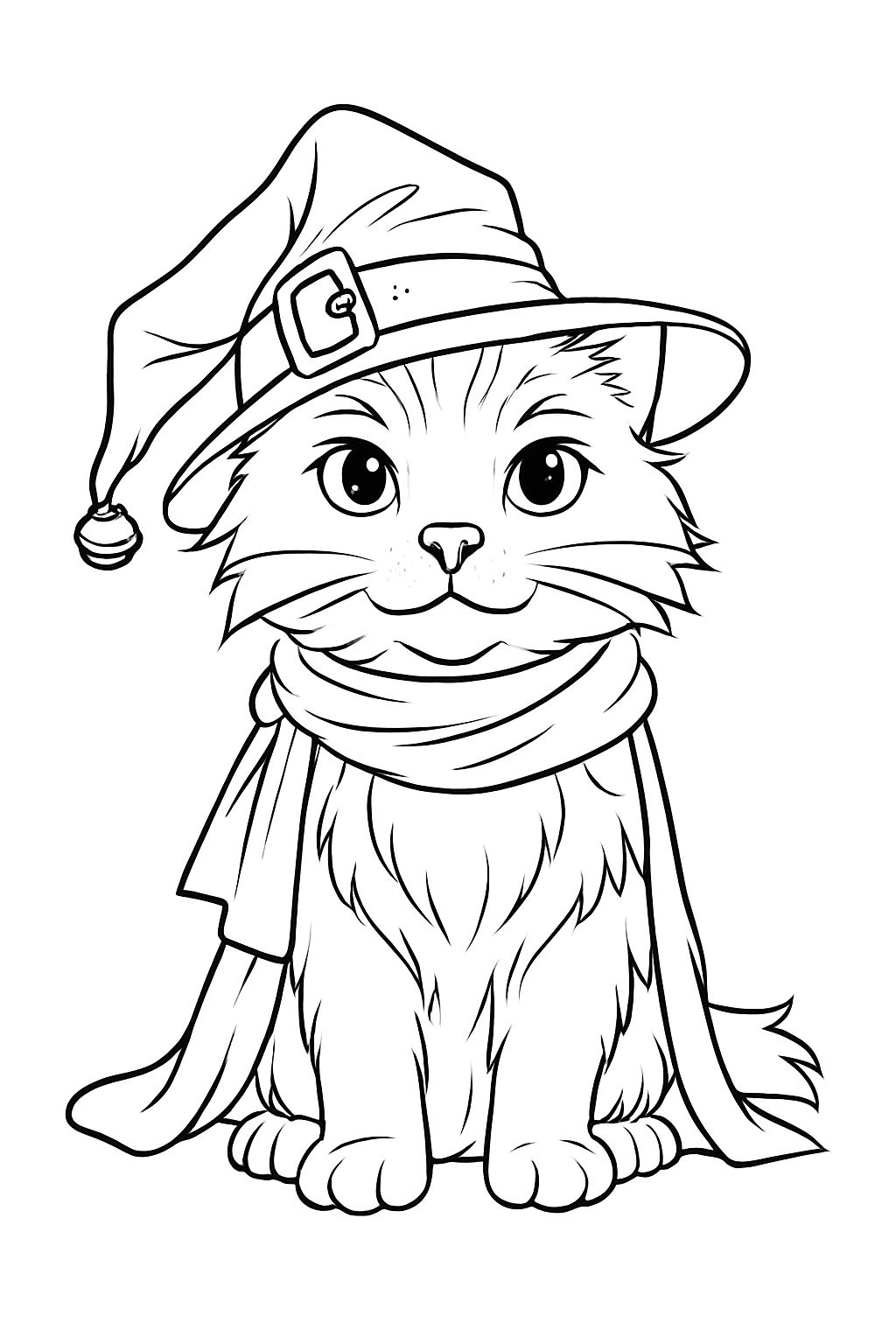 Charming Cartoon Cat with Witch Hat and Cape Coloring Page