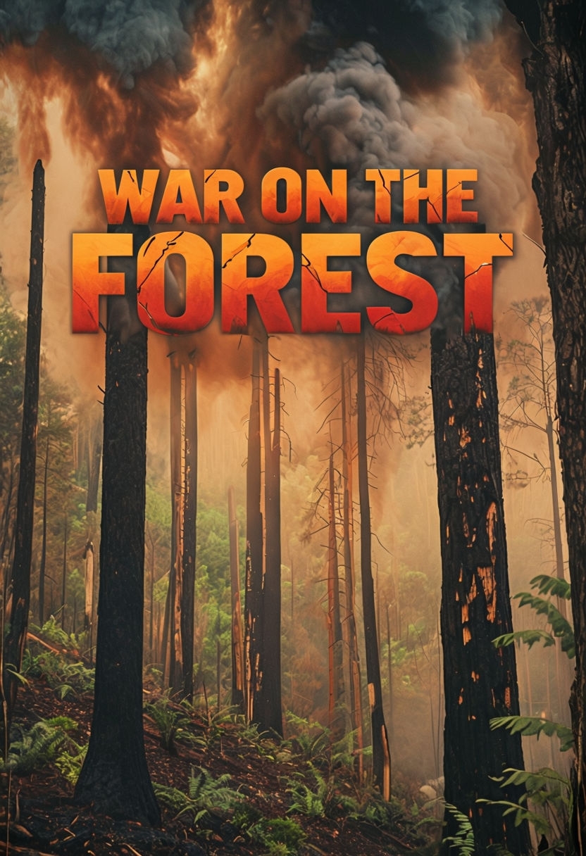 Dramatic War on the Forest Poster with Fiery Text and Ominous Smoke