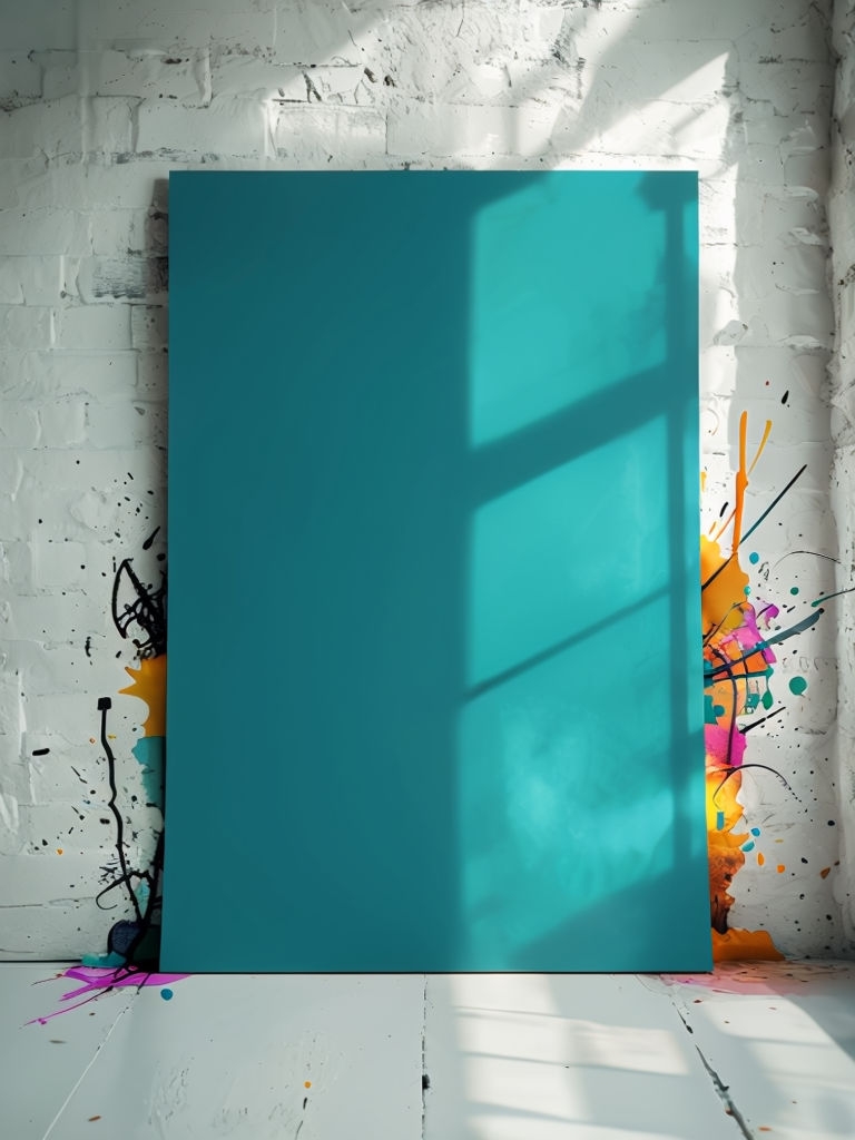 Teal Rectangle Creative Poster Mockup on Brick Wall