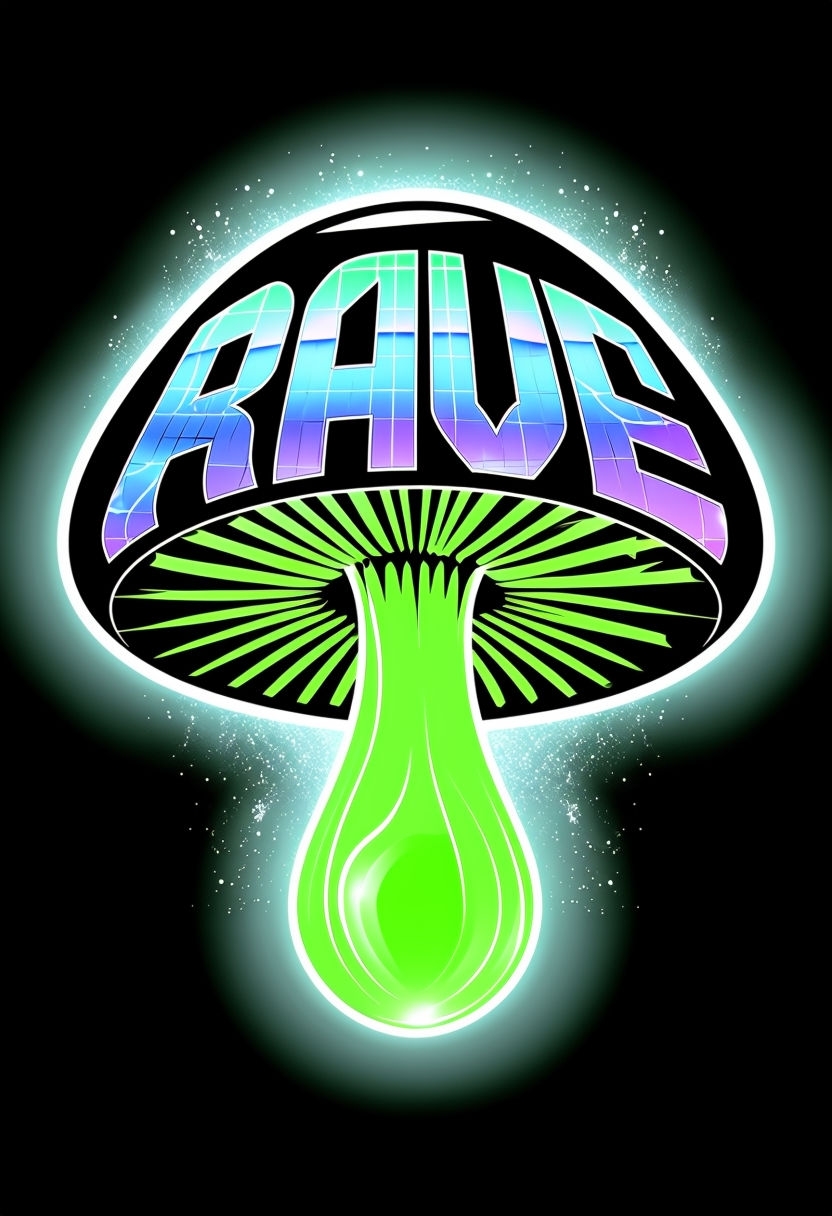Neon Green RAVE Mushroom Artwork with Futuristic Design Poster