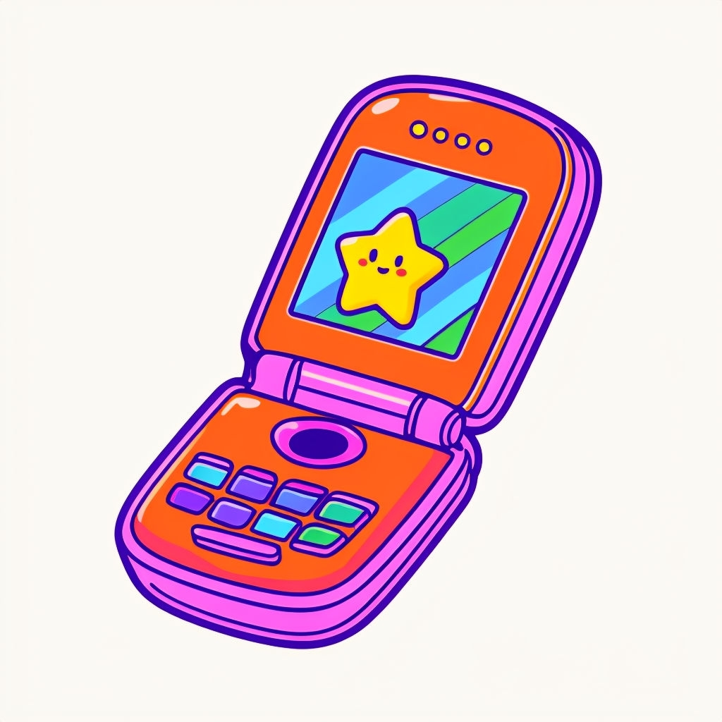Vibrant Cartoon Flip Phone Illustration with Whimsical Display Sticker