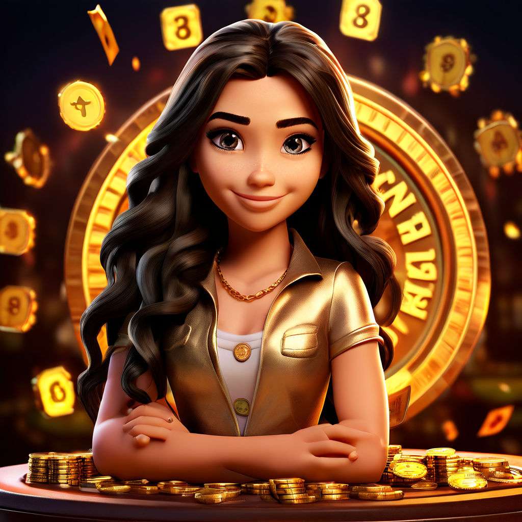 pixar style poster of a young brunette with long black hair and braids in her hair. She is a little chubby and is sitting,
wearing a silver necklace around her neck. wearing a strong gold top and gold belt, she needs to be holding a cell phone with the name "slots". Background of the image is a 3d style casino roulette wheel with money on the side with vibrant golden details and a gentle tiger sitting behind her. and she is posing for a photo shoot, sf, intricate artwork masterpiece, ominous, matte painting movie poster, golden ratio, trending on cgsociety, intricate, epic, trending on artstation, by artgerm, h. r. giger and beksinski, highly detailed, vibrant, production cinematic character render, ultra high quality model