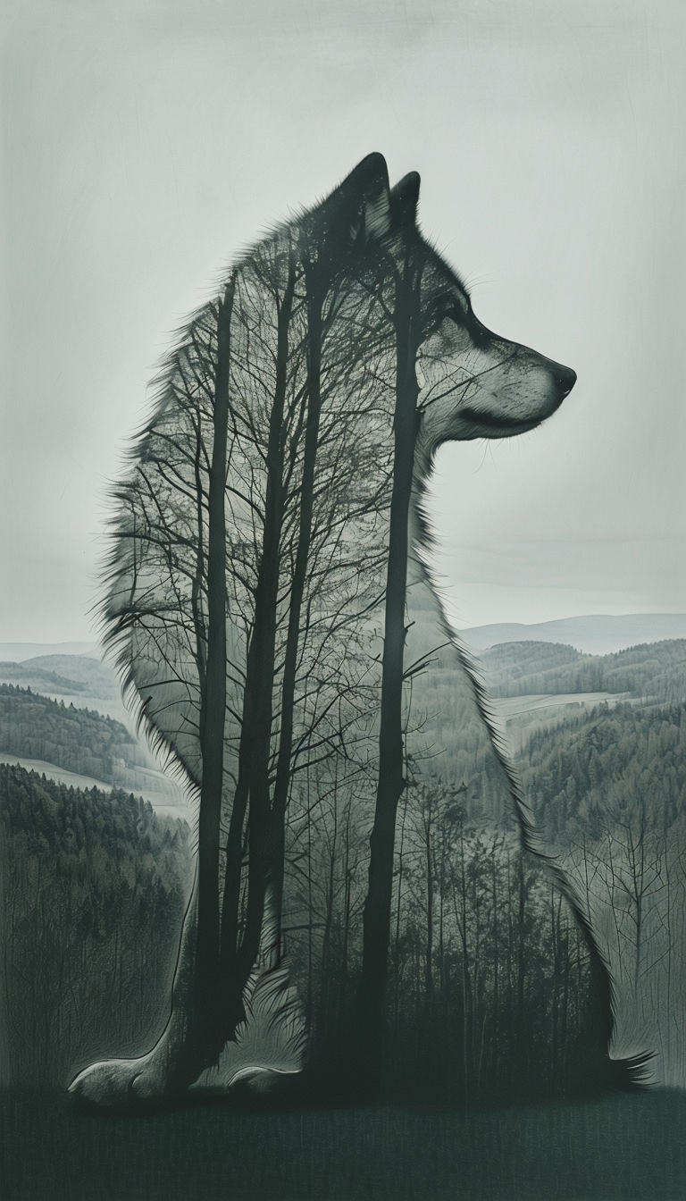 Surreal Wolf Silhouette Filled with Intricate Trees Art