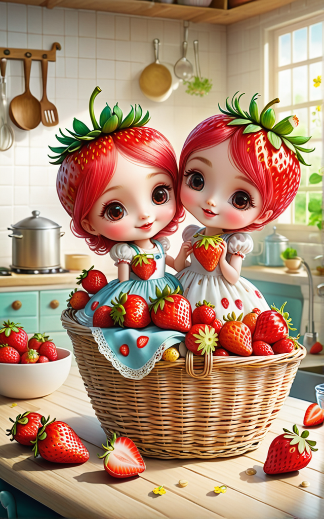 Two cute strawberry chibis in a basket on the table in th... by K ...