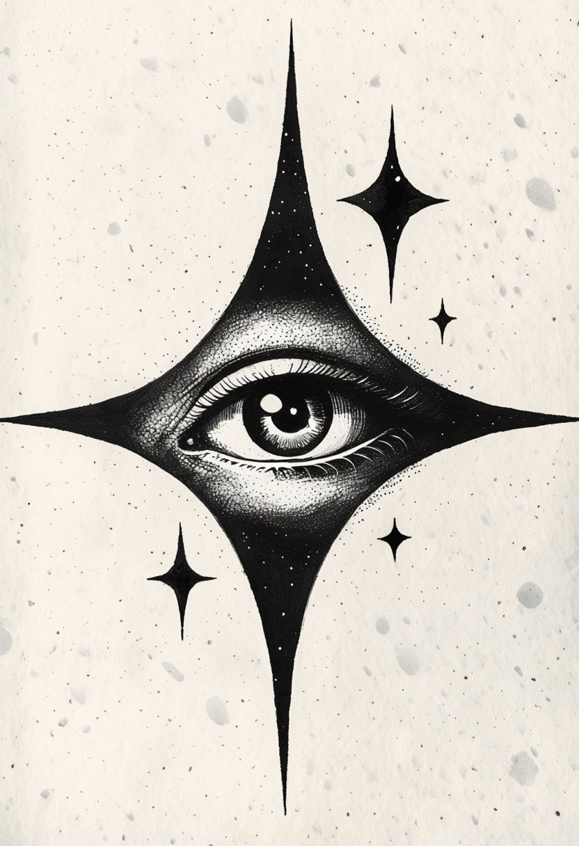 Stylized Black and White Eye with Star Design Illustration Sticker