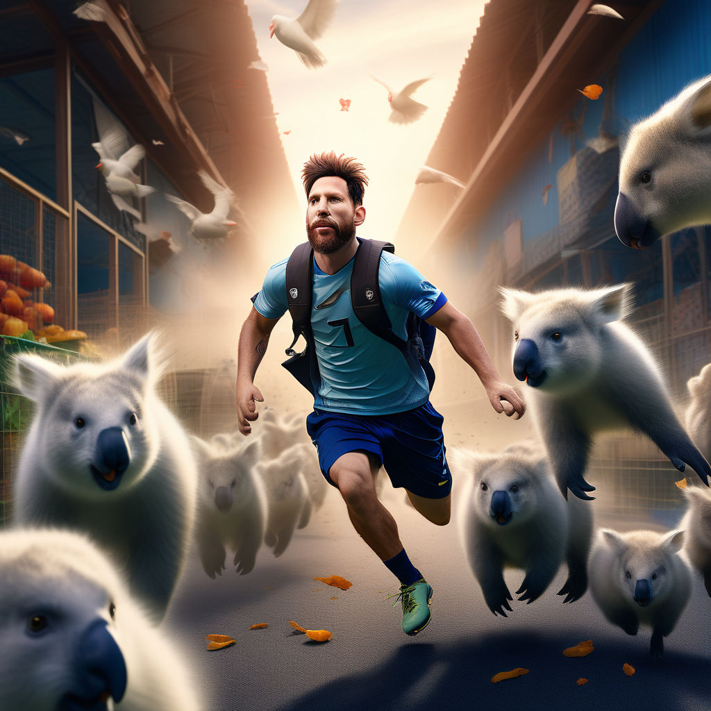 Messi fleeing of chickens and koala by Francisco Luján - Playground