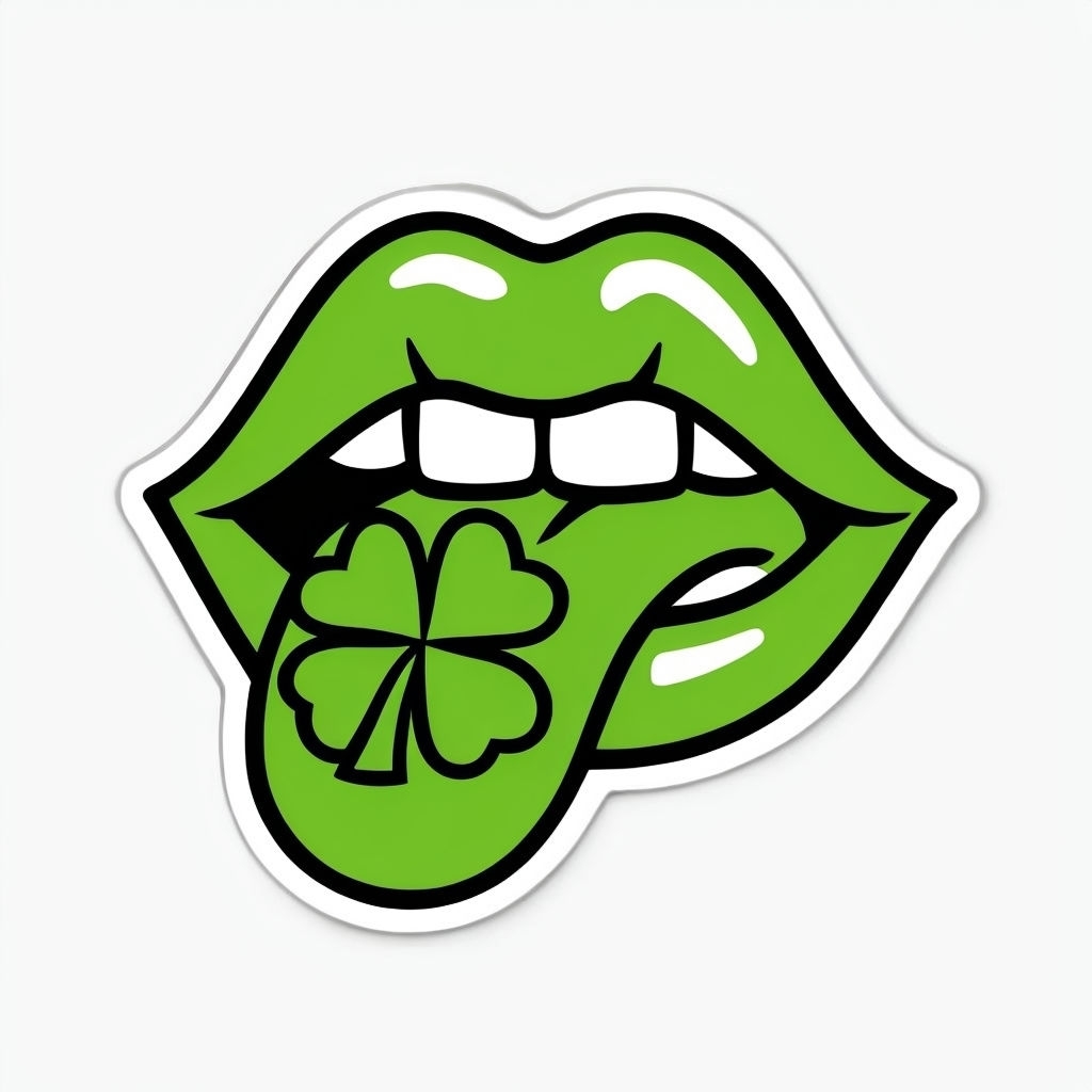 Vibrant Lime Green Cartoon Lips with Clover Sticker