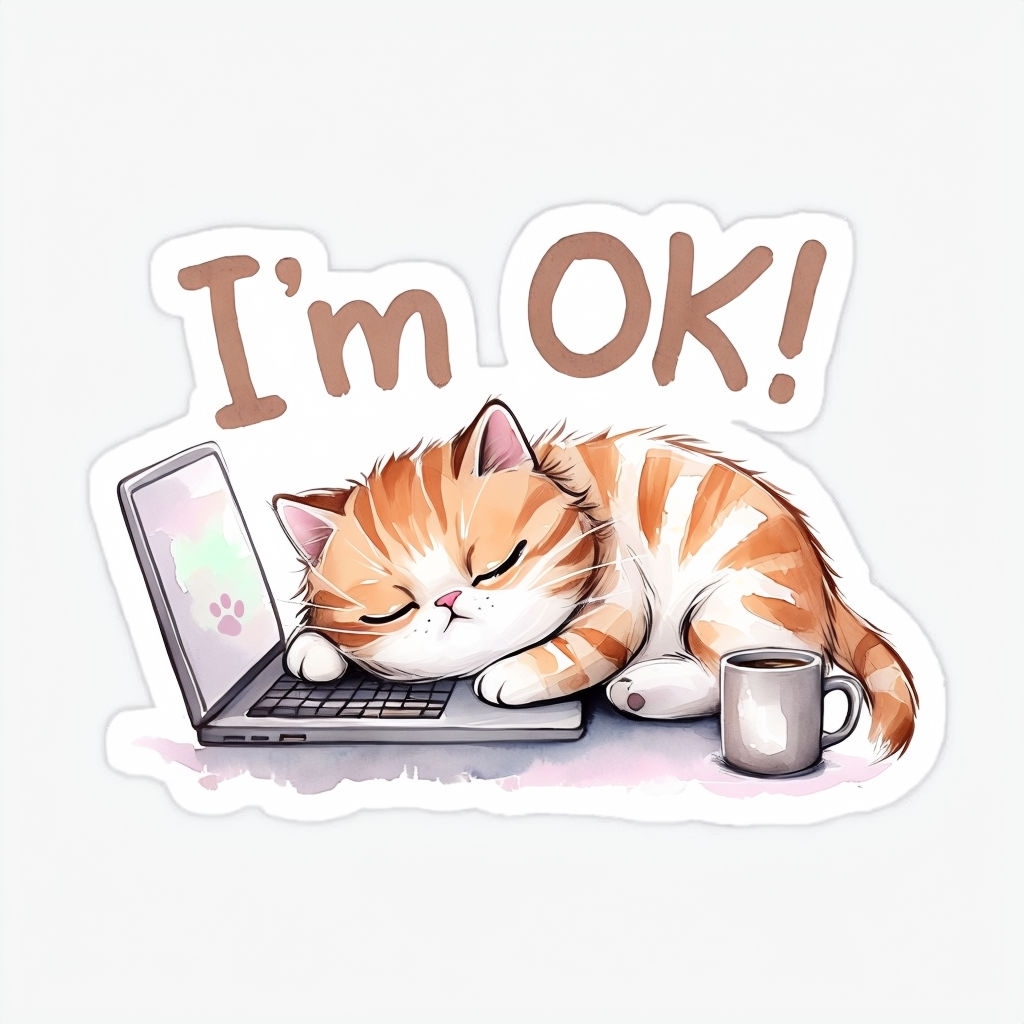 Adorable Tired Tabby Cat Over Laptop Humor Sticker