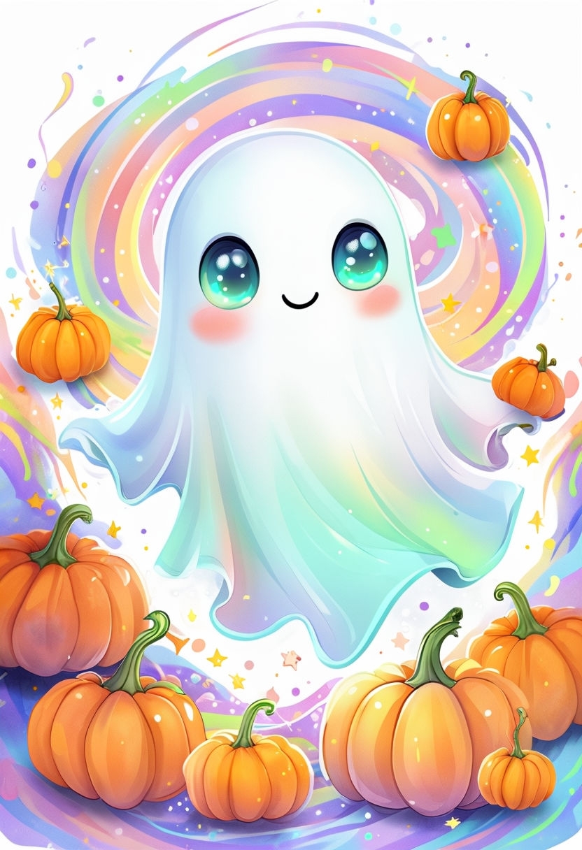 Friendly Whimsical Ghost with Pumpkins Halloween Art Poster