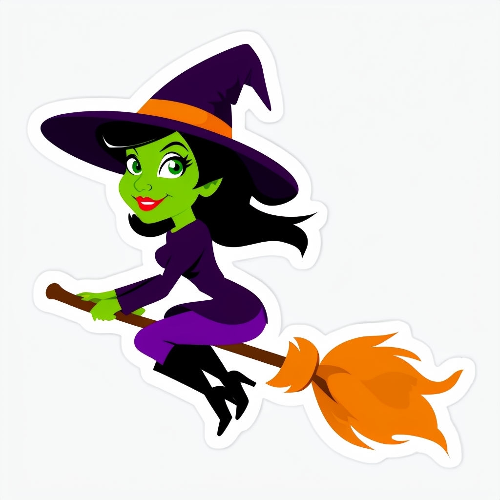 Whimsical Cartoon Witch Flying on Broomstick Sticker