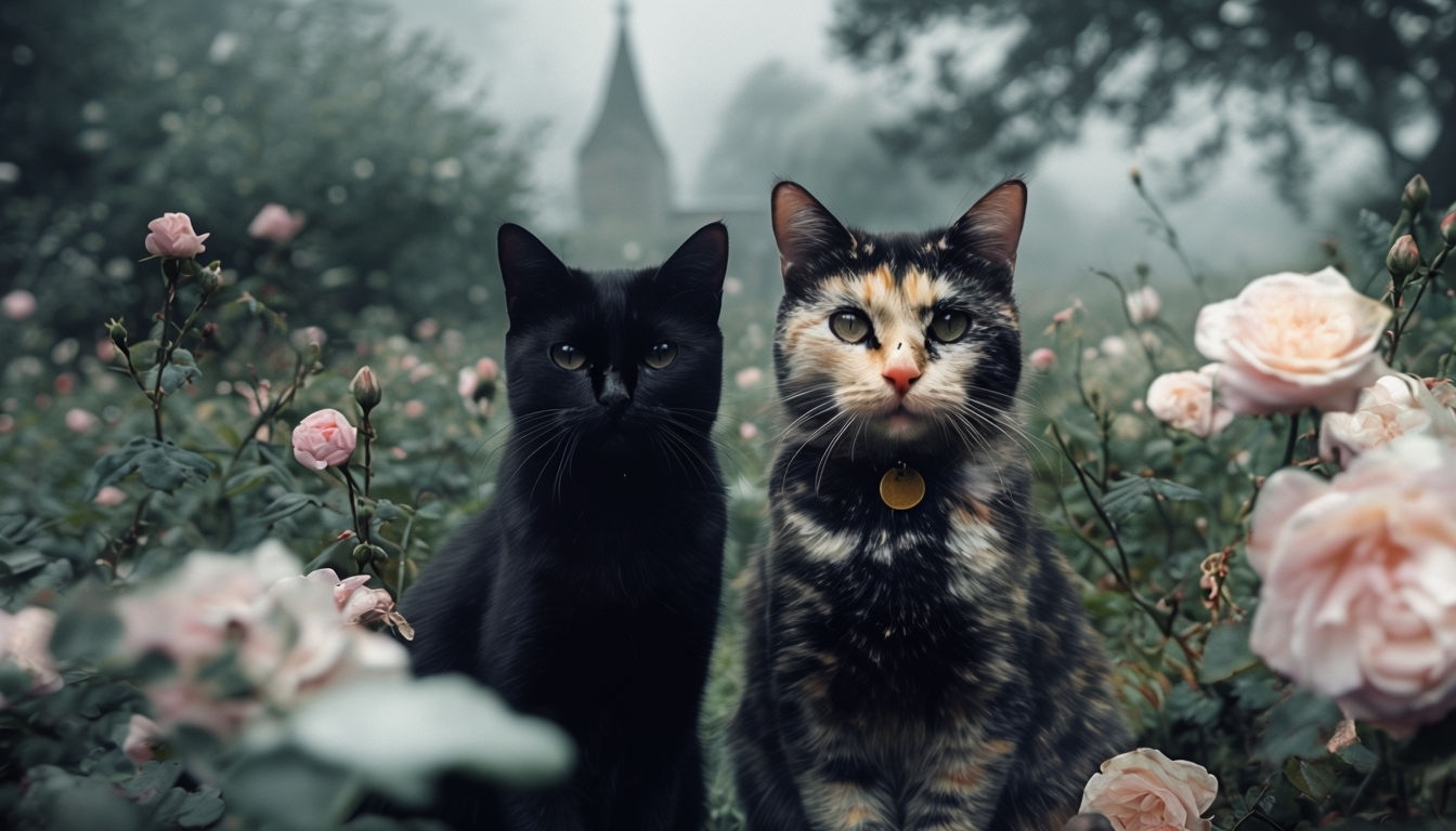 Serene Vintage Cat Photography with Pink Roses Virtual Background