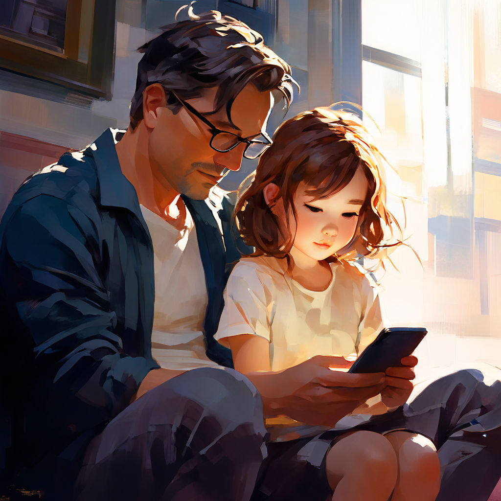 Father and daughter lying on the bed. Smiling daughter. Dad on cell phone.