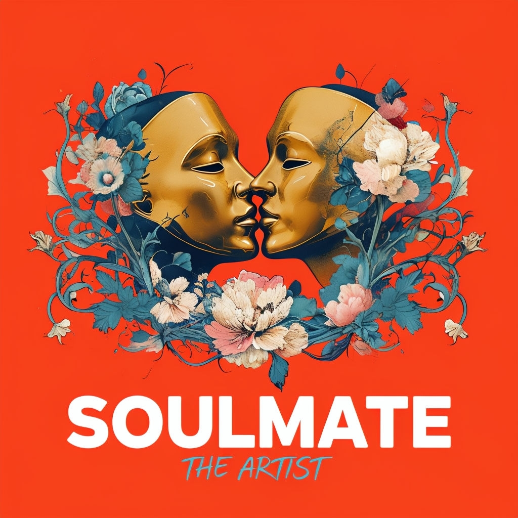 Surreal Golden Kiss with Floral Elements and Soulmate Text Spotify Album Cover