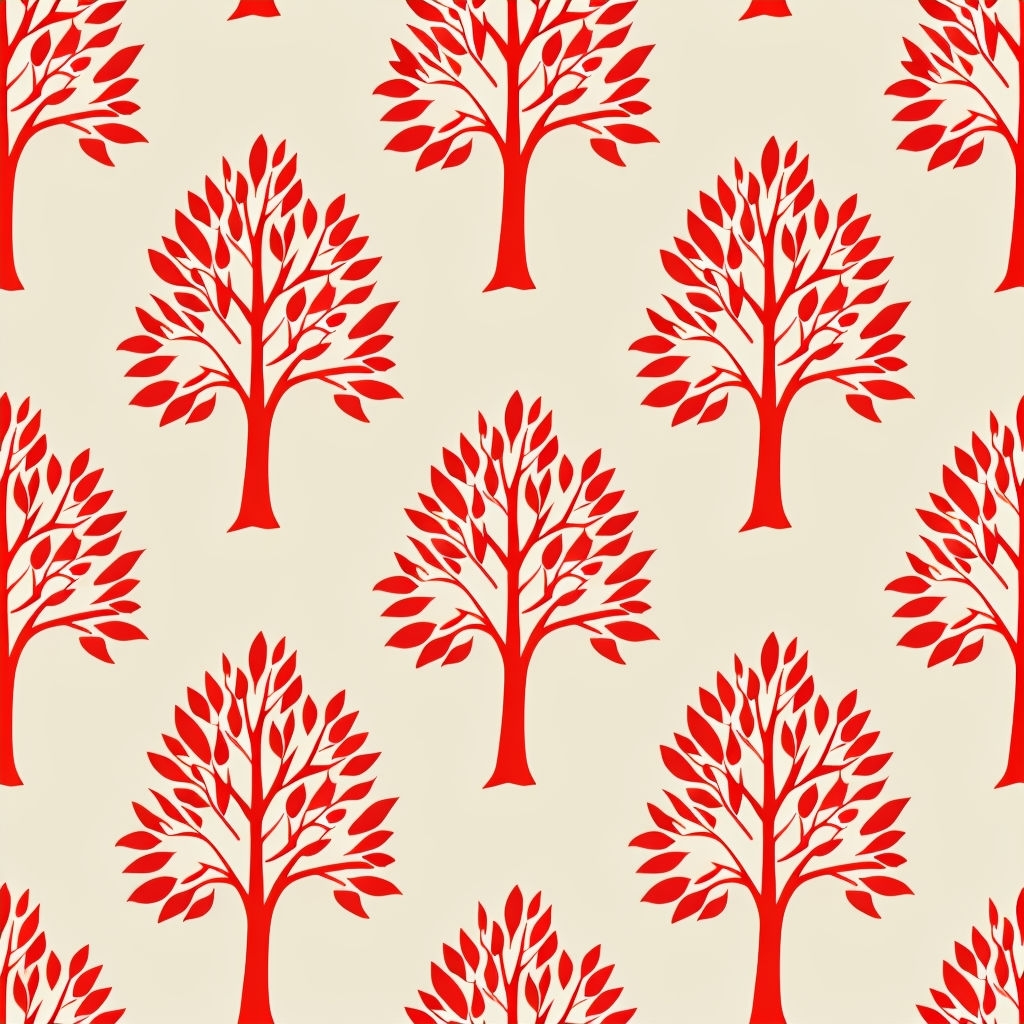 Stylized Red Trees on Beige Background Seamless Pattern