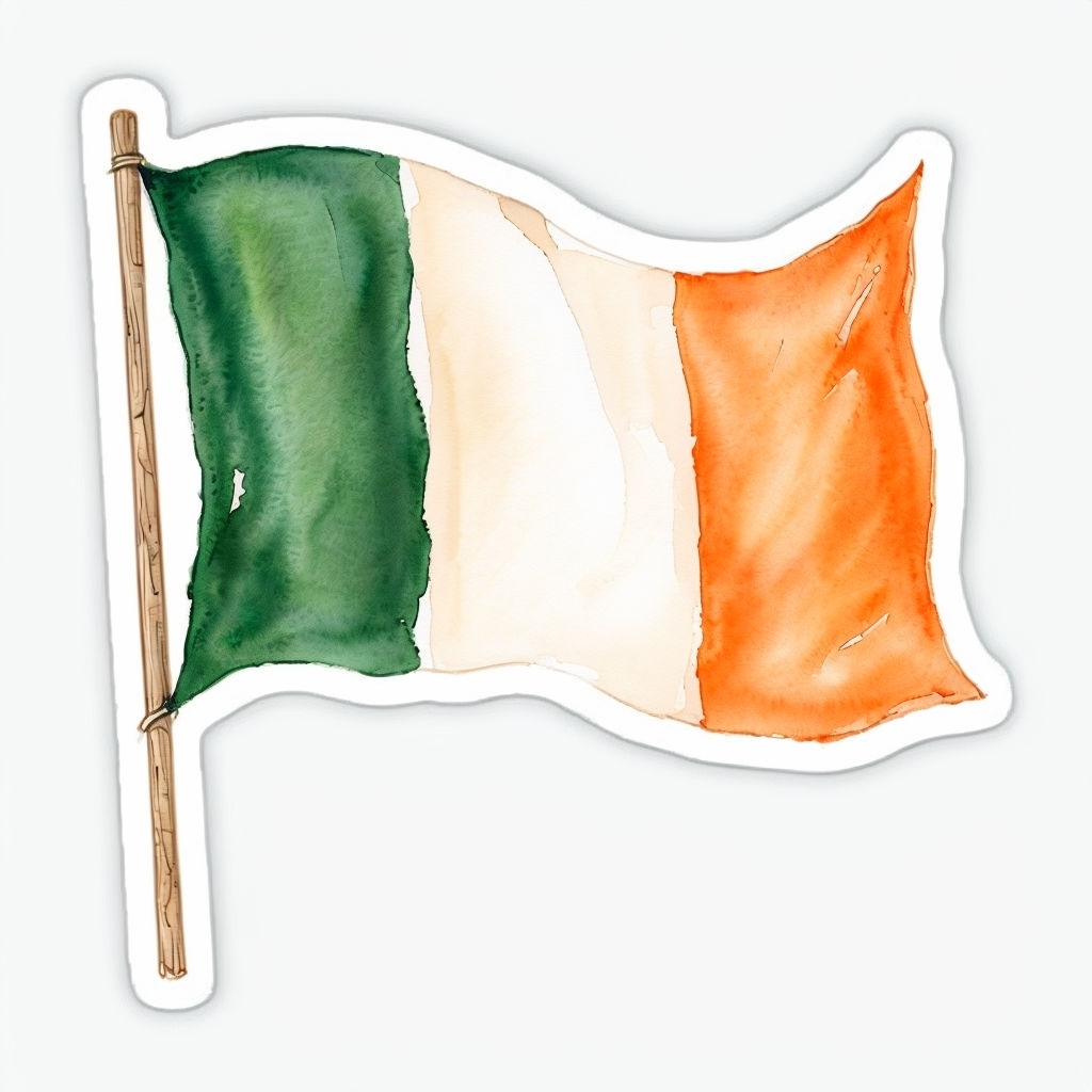 Watercolor Irish Flag Illustration with Wooden Pole Sticker