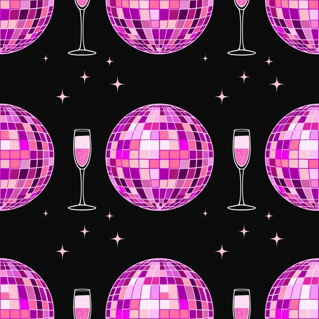 Vibrant Disco Balls and Champagne Glasses Seamless Pattern