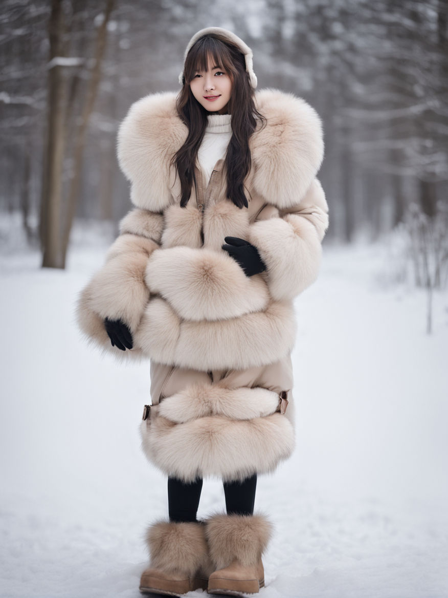 A tall gorgeous woman wearing a floor length fur coat and fuzzy sandals Playground