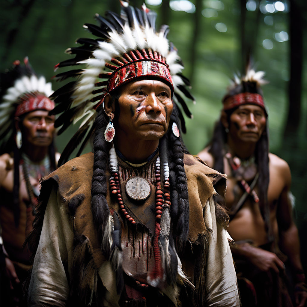 Mohican tribe members clad in traditional attire engage with... by ...