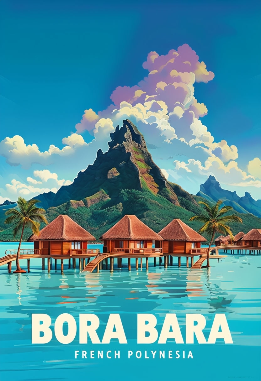 Idyllic Bora Bora Tropical Paradise Digital Illustration Poster