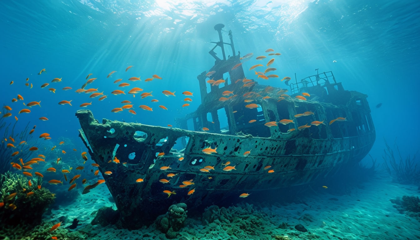 Ethereal Underwater Shipwreck Scene with Vibrant Marine Life Background