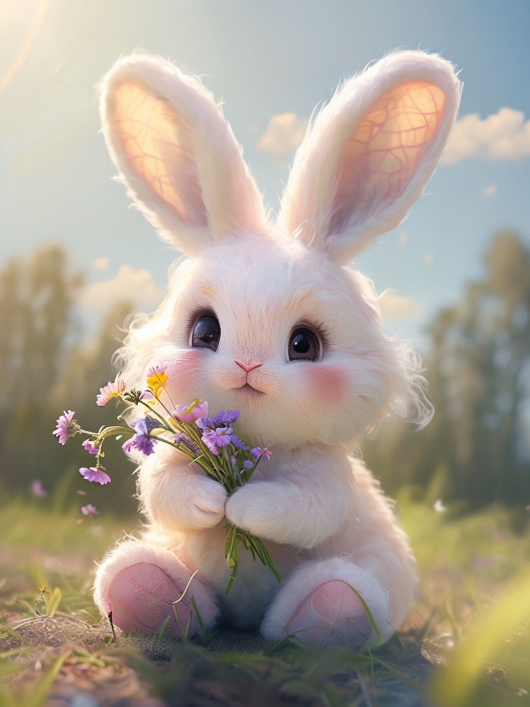 Pastel Fluffy Bunny Holding Wildflowers in Soft Grass Art