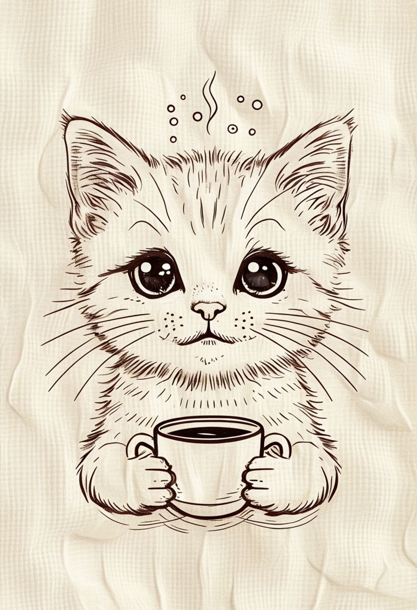 Adorable Whimsical Kitten with Coffee Illustration Art