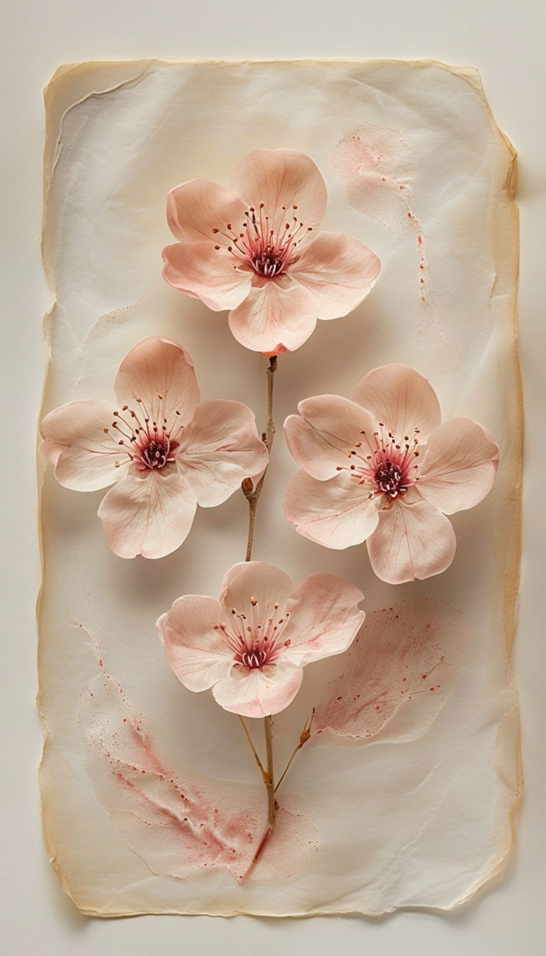 Delicate Cherry Blossom Pressed Art on Natural Parchment Mobile Wallpaper